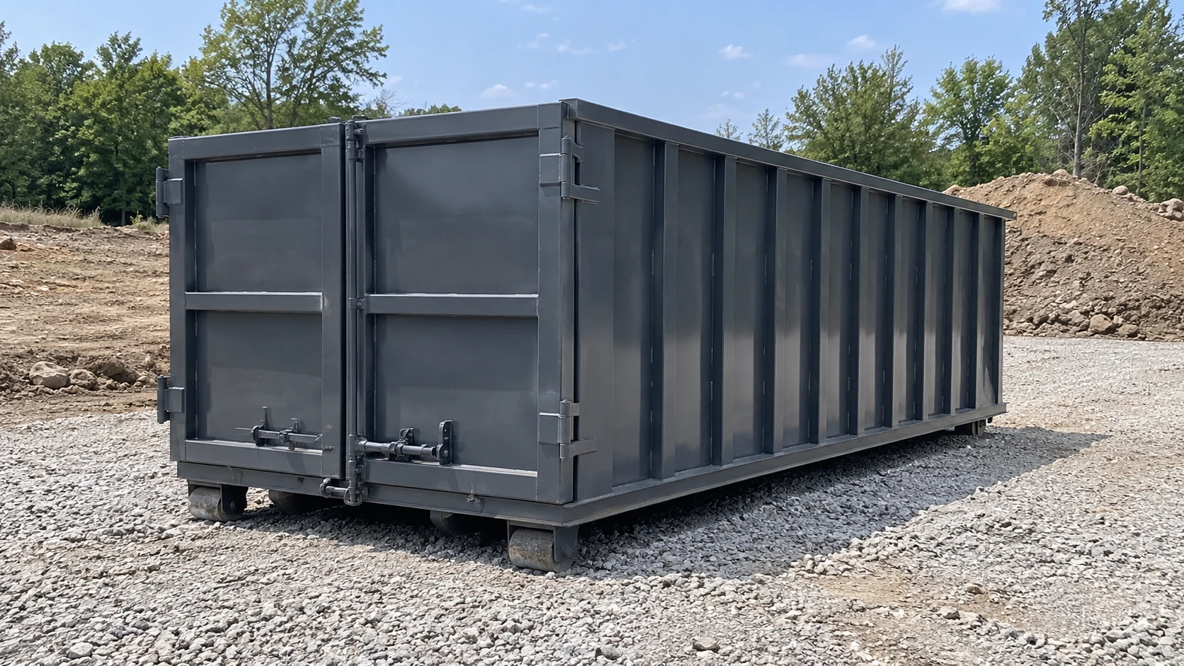 Gray roll-off container on a gravel lot