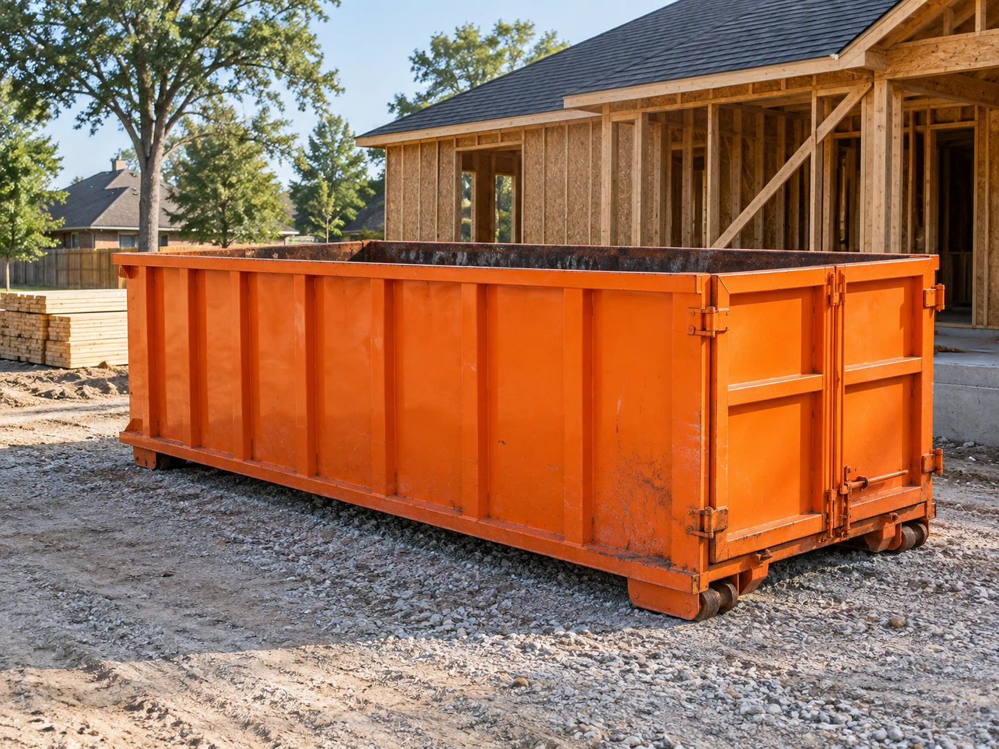 Orange dumpster beside the wood framing of a house under construction