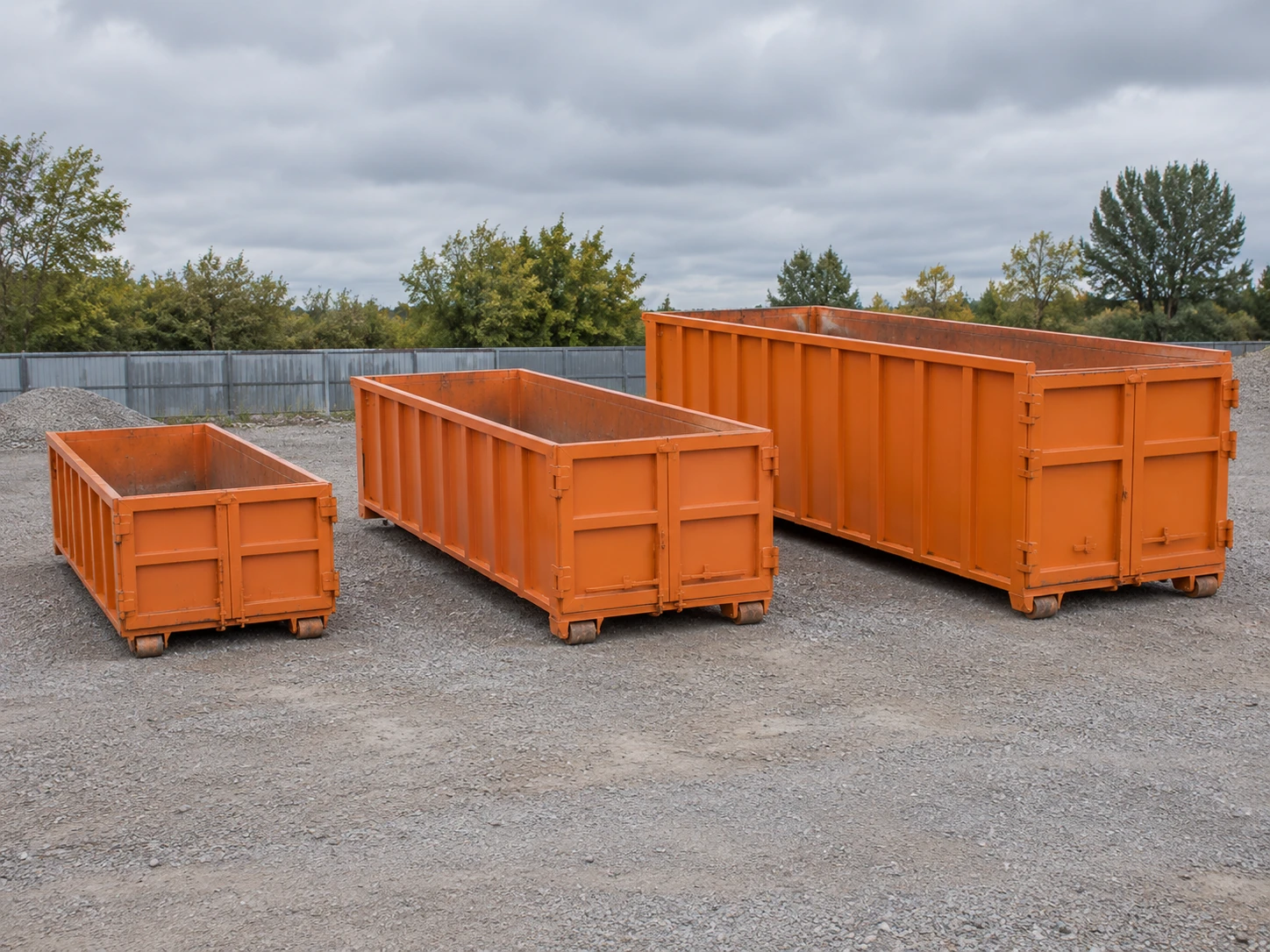 Three orange roll-off dumpsters in different sizes parked on a gravel lot