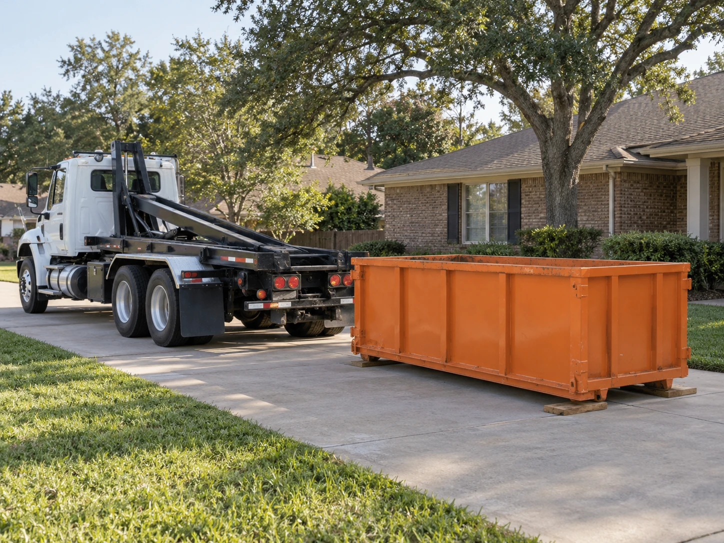 Roll-off truck beside an orange dumpster in a residential driveway